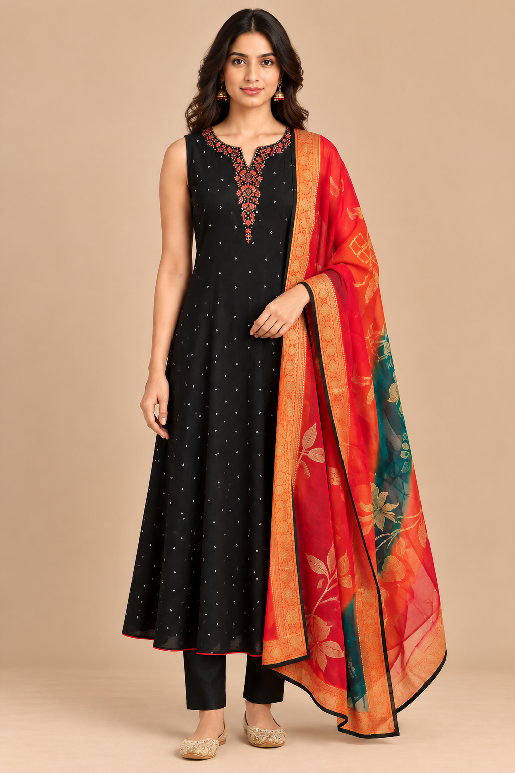 Black Anarkali Kurta Pant Set with Multicolour Printed Dupatta